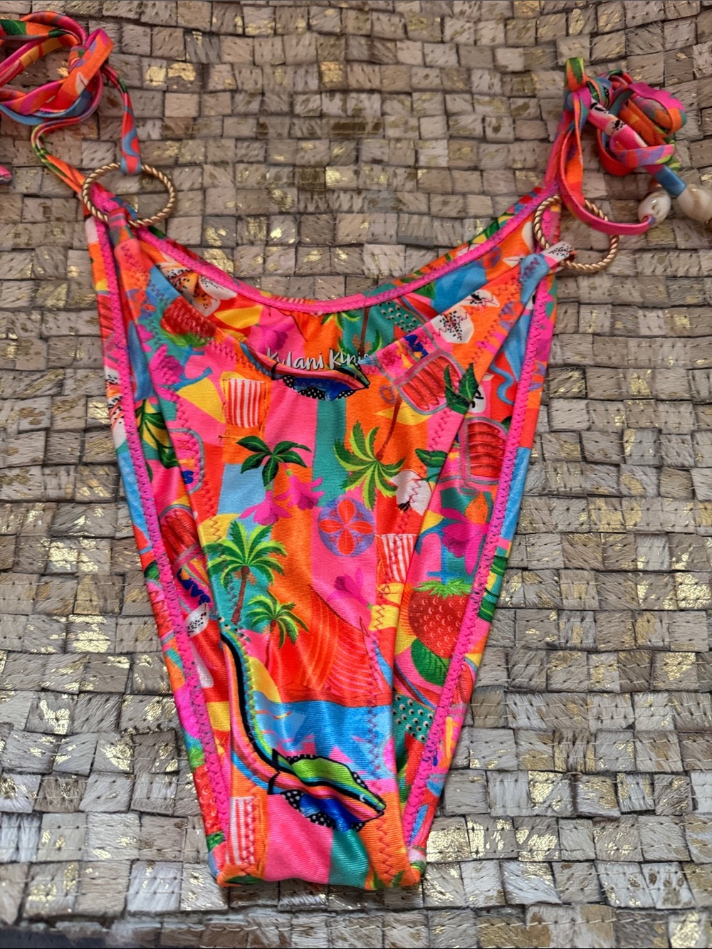 Kulani Kinis Neon Tropical Print Bikini Bottoms in Pink, Orange, Blue